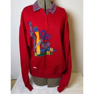 Vintage Jerzee Large Red Pullover Sweater Plaid Embroidered Teacher School